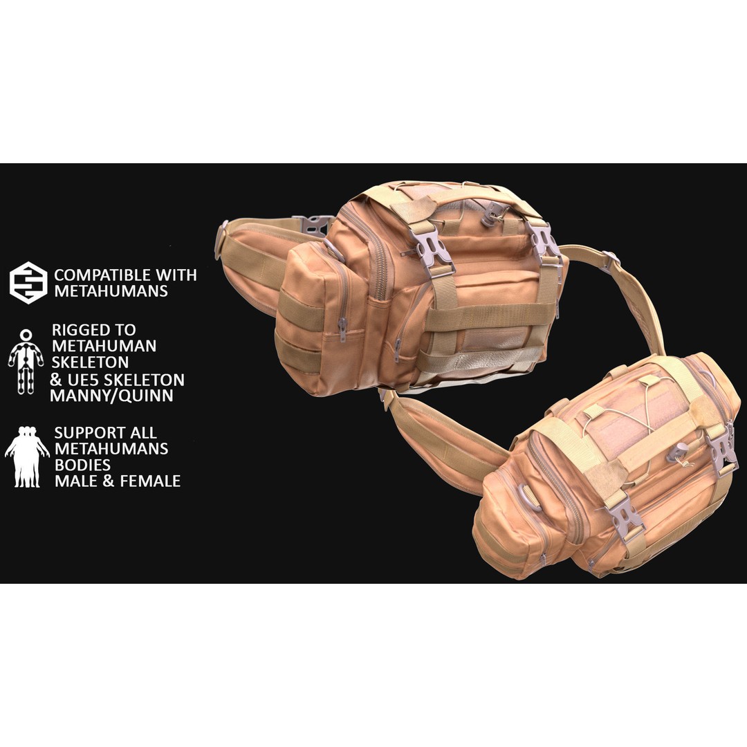 Tactical Waist Bag 3D Model – Rigged Low-Poly Game Asset, FBX, Blender - View 3
