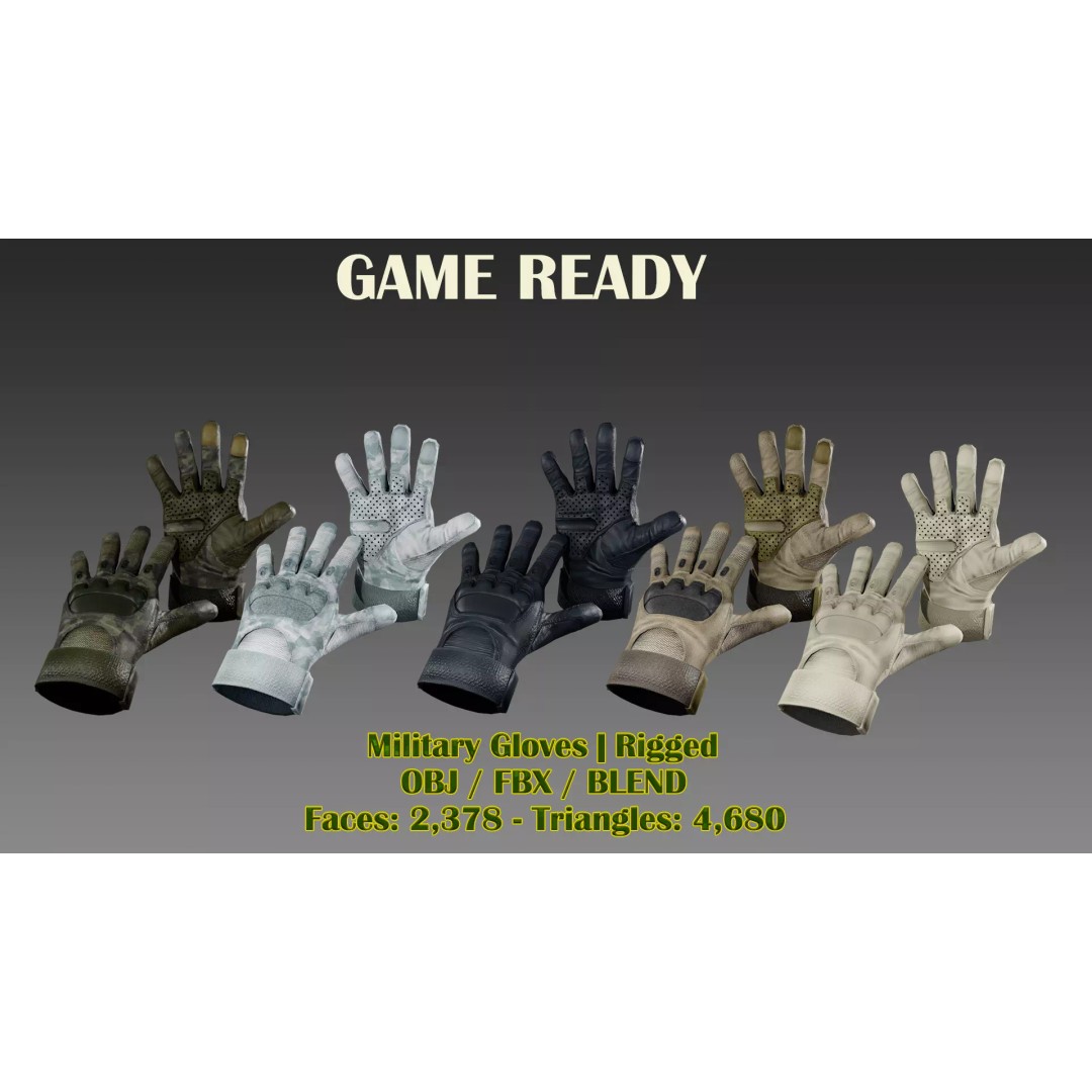Tactical Military Gloves 3D Model – Low Poly Rigged Asset, FBX & OBJ - View 2