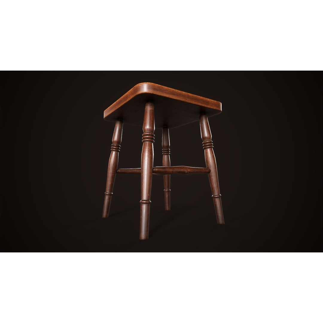 Vintage Victorian Stool 3D Model – Low Poly Game Ready Asset, FBX - View 3