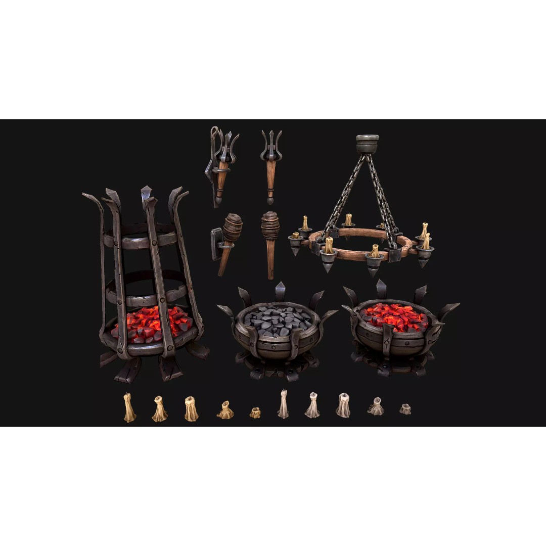 Medieval Prison Lighting Set 3D Model – Low Poly PBR Game Asset, FBX - View 2