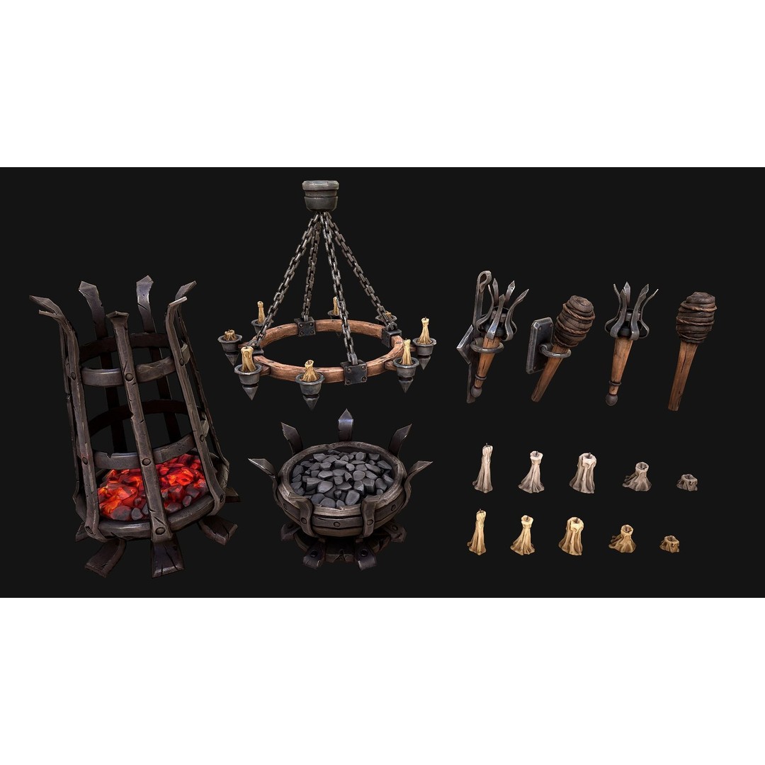 Medieval Prison Lighting Set 3D Model – Low Poly PBR Game Asset, FBX - View 3