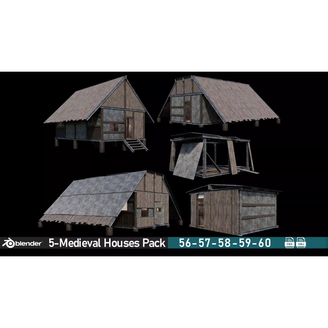 Medieval Houses 3D Model – Low Poly Game Ready Asset, FBX & OBJ Formats - View 2