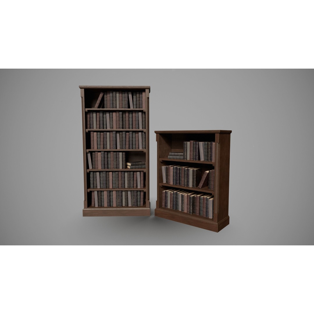 Wooden Bookcases 3D Model – Low Poly Game Asset, FBX, PBR - View 3