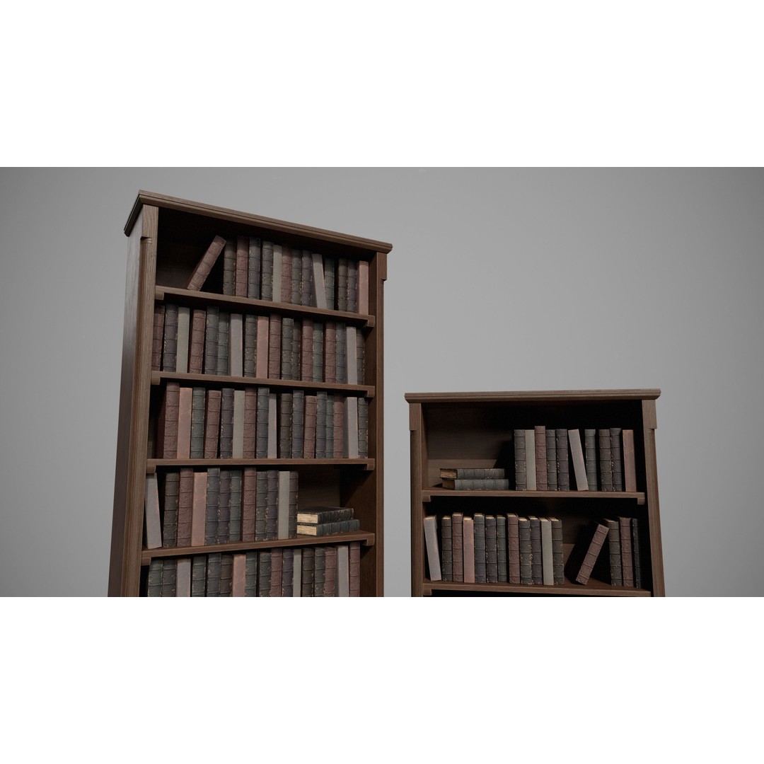 Wooden Bookcases 3D Model – Low Poly Game Asset, FBX, PBR - View 4