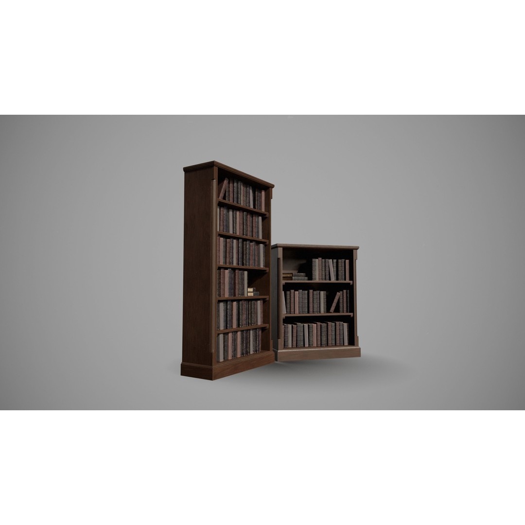 Wooden Bookcases 3D Model – Low Poly Game Asset, FBX, PBR - View 7