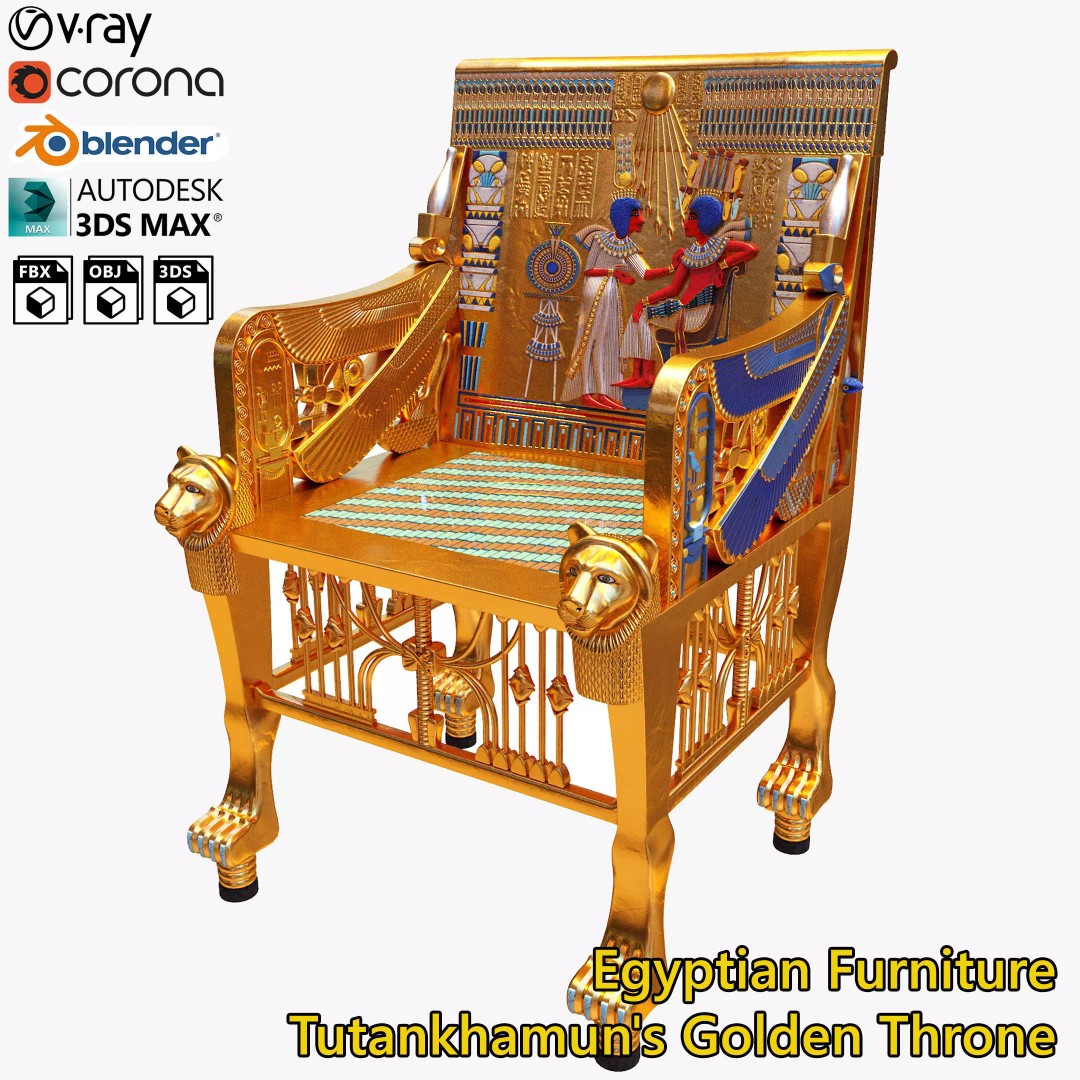Tutankhamun's Golden Throne 3D Model – Egyptian Furniture Kit, PBR, FBX - View 2
