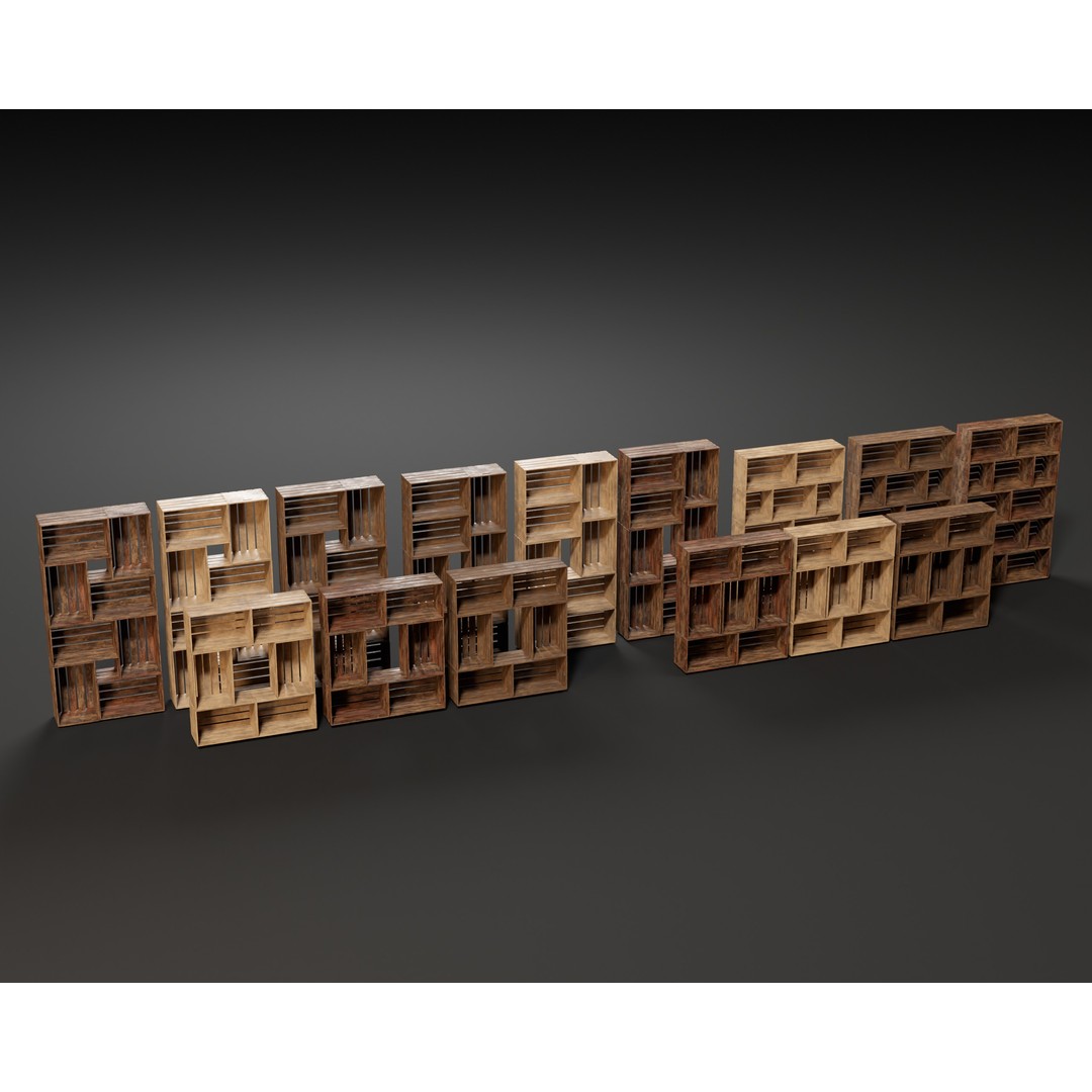 Modular Stacked Crate Shelves 3D Model – Low Poly PBR Game Asset, FBX, OBJ