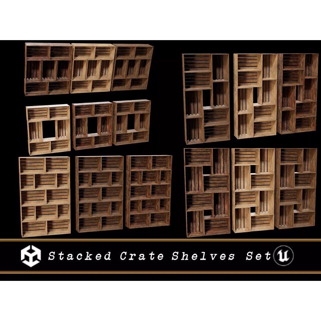 Modular Stacked Crate Shelves 3D Model – Low Poly PBR Game Asset, FBX, OBJ - View 2