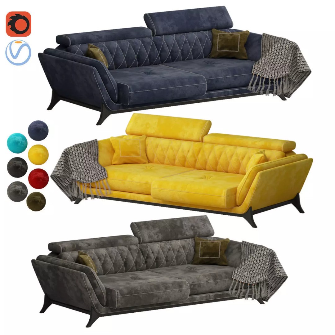 Triple Star Sofa 3D Model – Modern Fabric Design, FBX & OBJ Formats - View 2