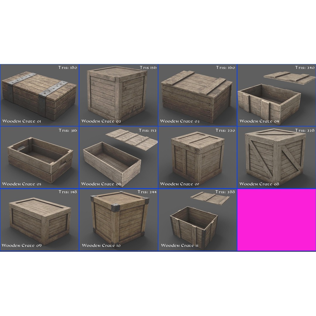 Medieval Wooden Crates 3D Model – Low Poly Game Asset, FBX - View 3
