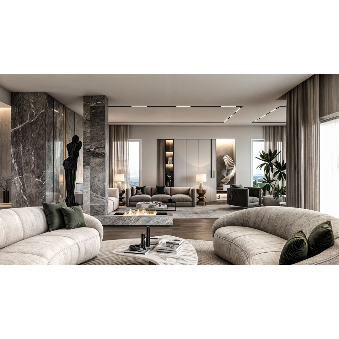 Modern Villa Living Space 3D Model – Luxury Interior Design, FBX, OBJ - View 5