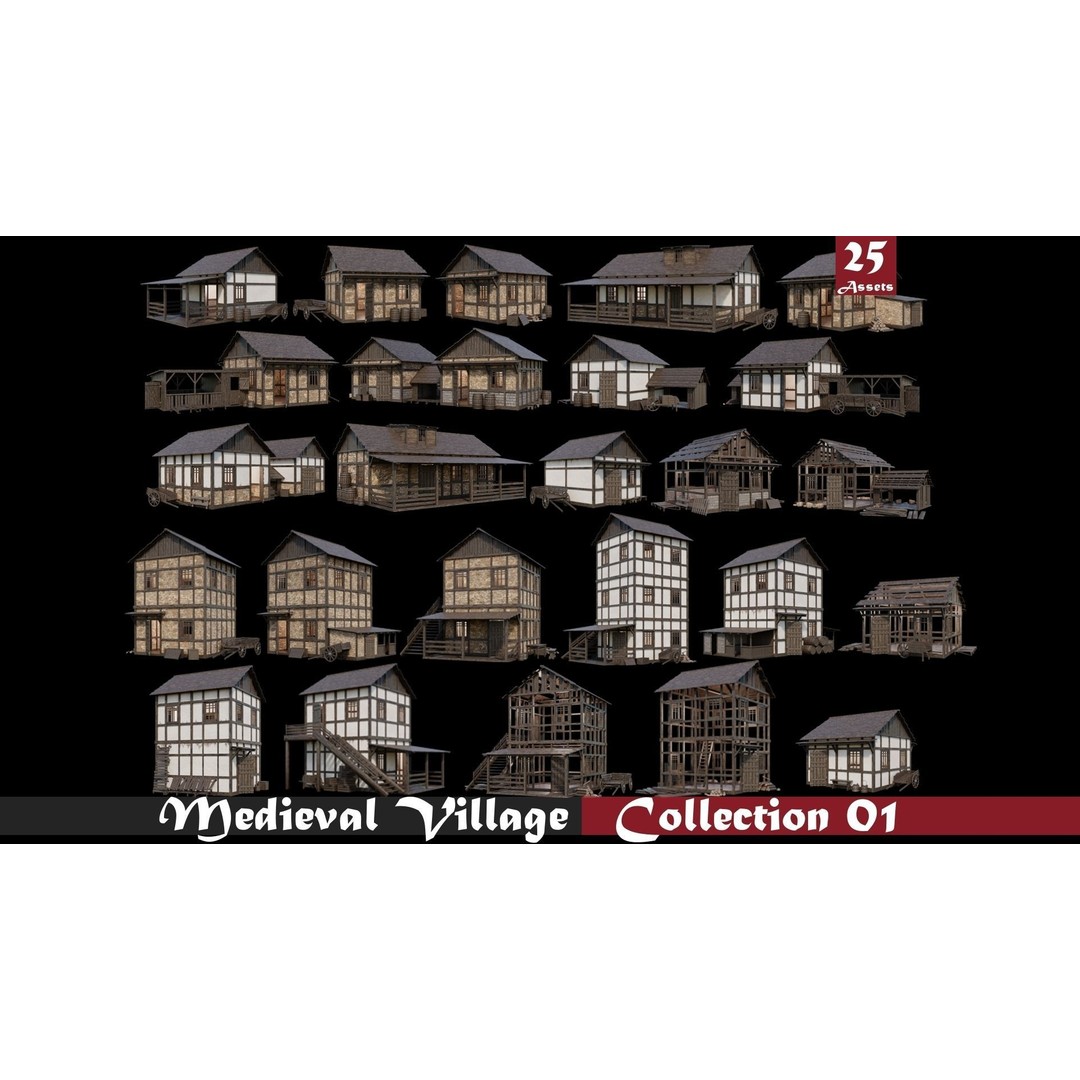 Medieval Village 3D Model – Game Ready Low Poly Collection with 4K Textures - View 3