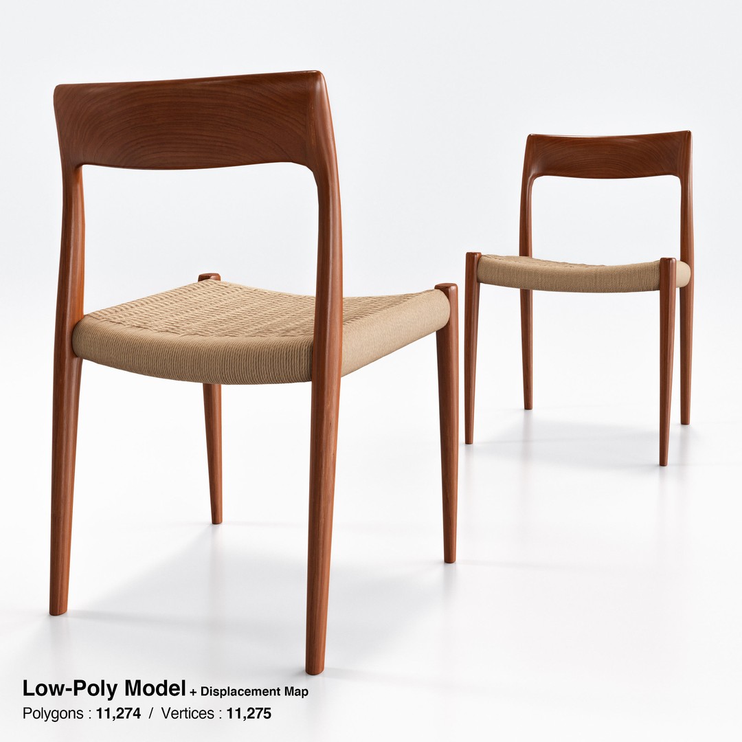 Niels Moller Model 77 Dining Chair 3D Model – Low Poly Teakwood Design, FBX, OBJ - View 14