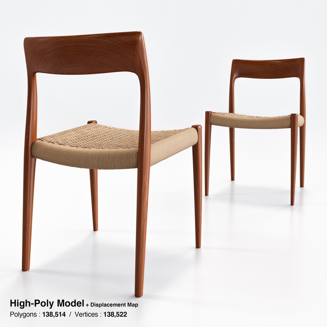Niels Moller Model 77 Dining Chair 3D Model – Low Poly Teakwood Design, FBX, OBJ - View 17