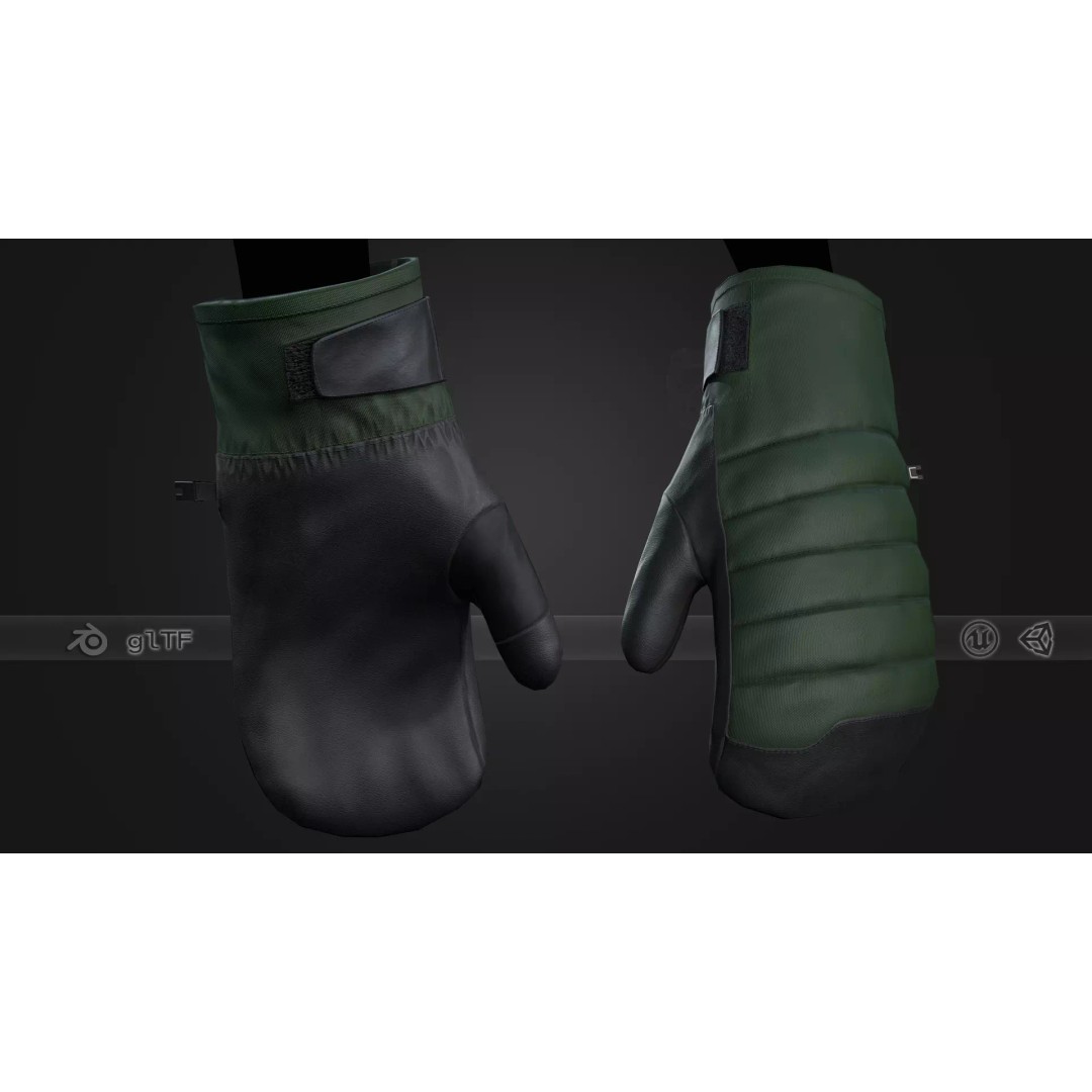 Green and Black Snowboard Gloves 3D Model – Low Poly PBR Asset, FBX - View 2
