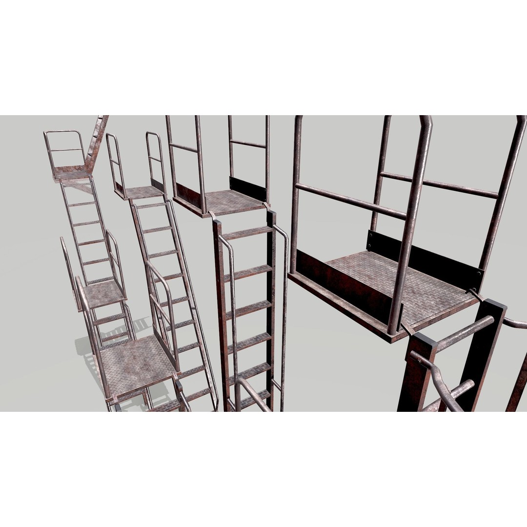 Modular Rusted Metal Ladder System 3D Model – Low Poly PBR Asset, FBX - View 6
