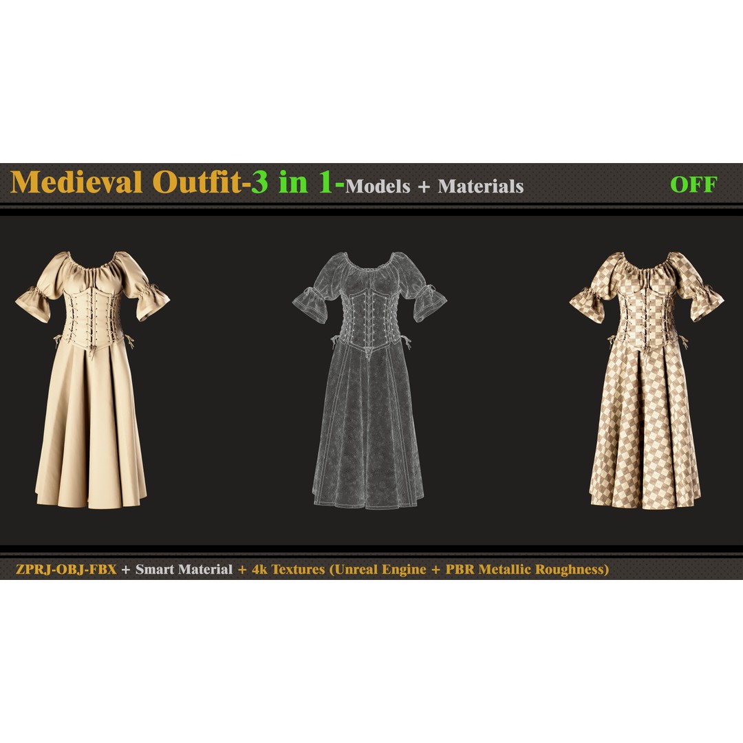 Gothic Dress 3D Model – Medieval Outfit with Textures, FBX, OBJ