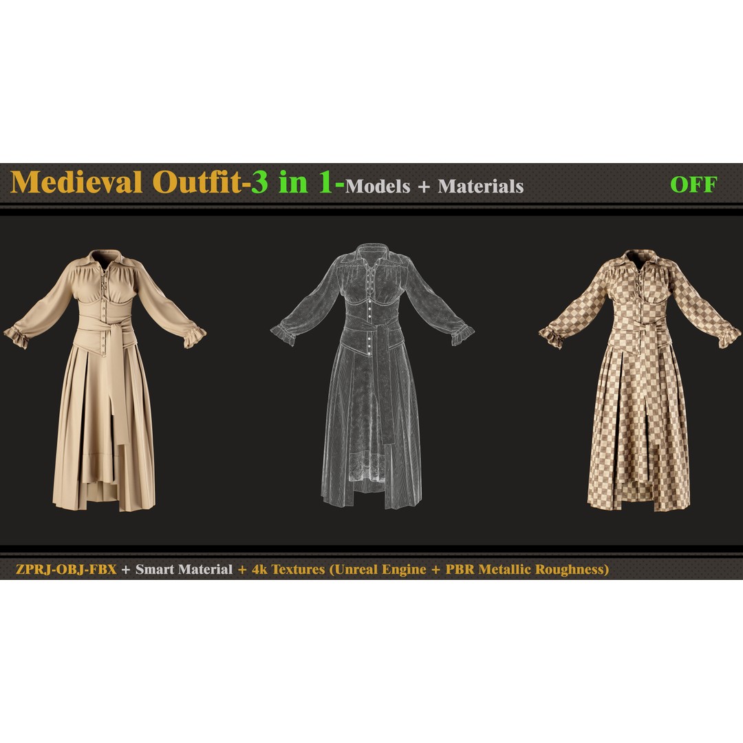 Gothic Dress 3D Model – Medieval Outfit with Textures, FBX, OBJ - View 10
