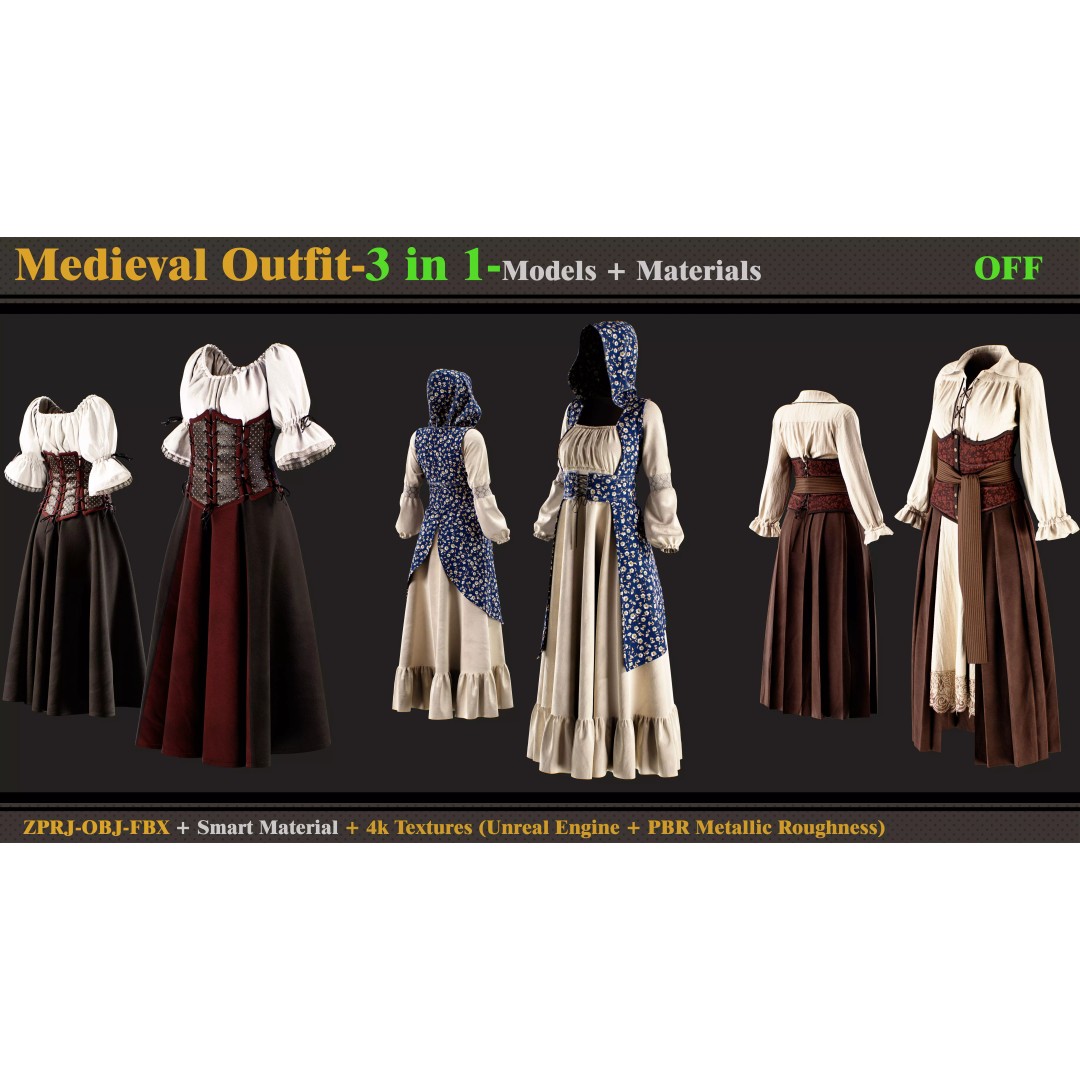 Gothic Dress 3D Model – Medieval Outfit with Textures, FBX, OBJ - View 2