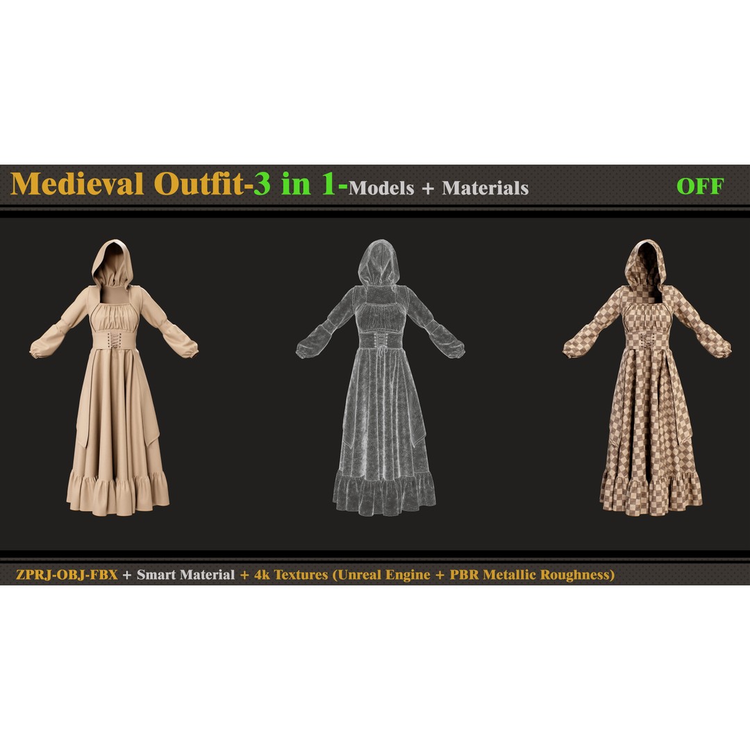 Gothic Dress 3D Model – Medieval Outfit with Textures, FBX, OBJ - View 3