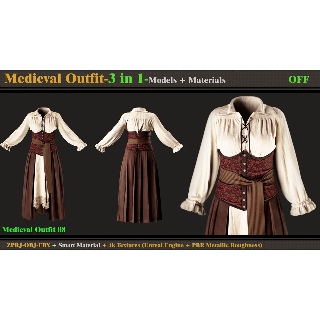 Gothic Dress 3D Model – Medieval Outfit with Textures, FBX, OBJ - View 4