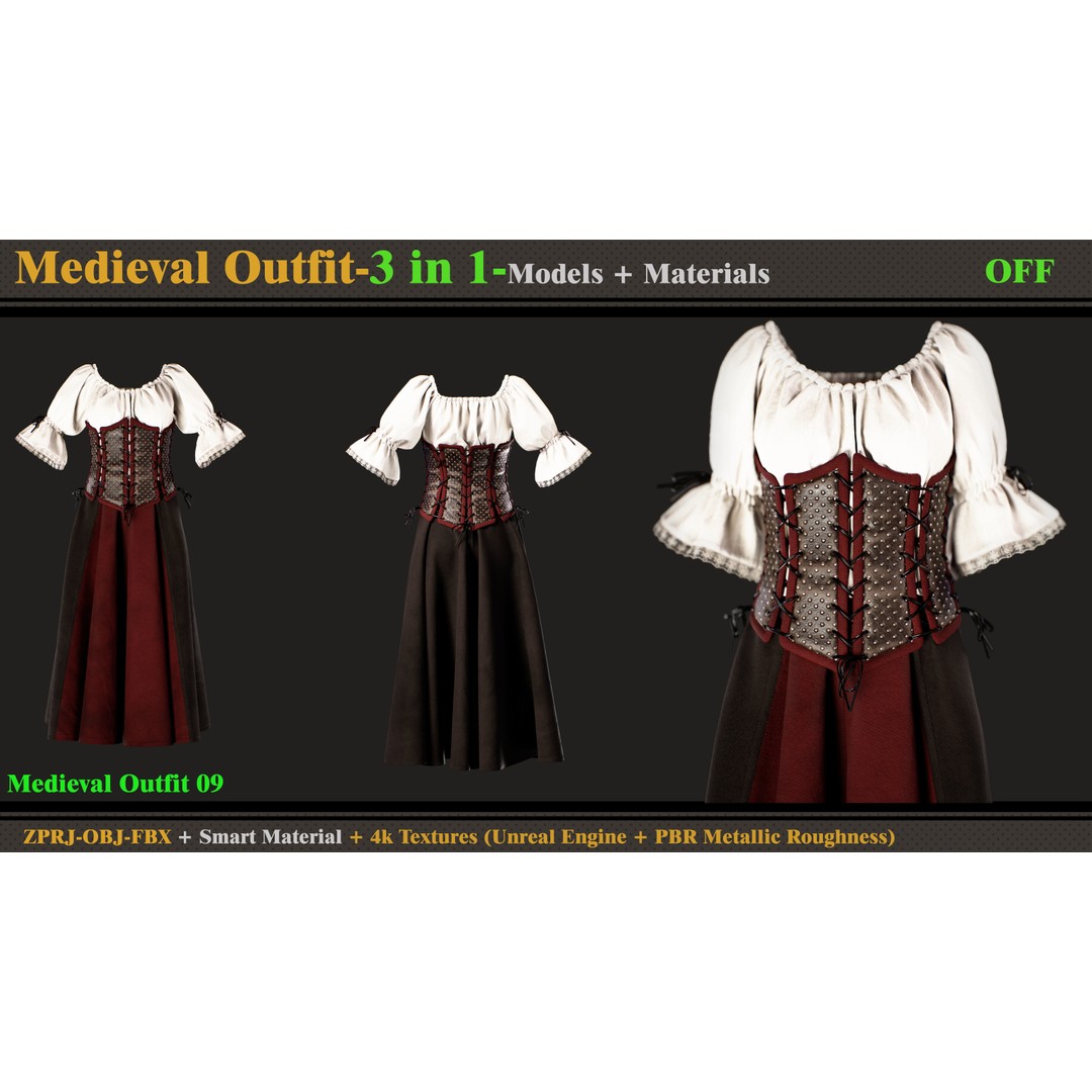 Gothic Dress 3D Model – Medieval Outfit with Textures, FBX, OBJ - View 5