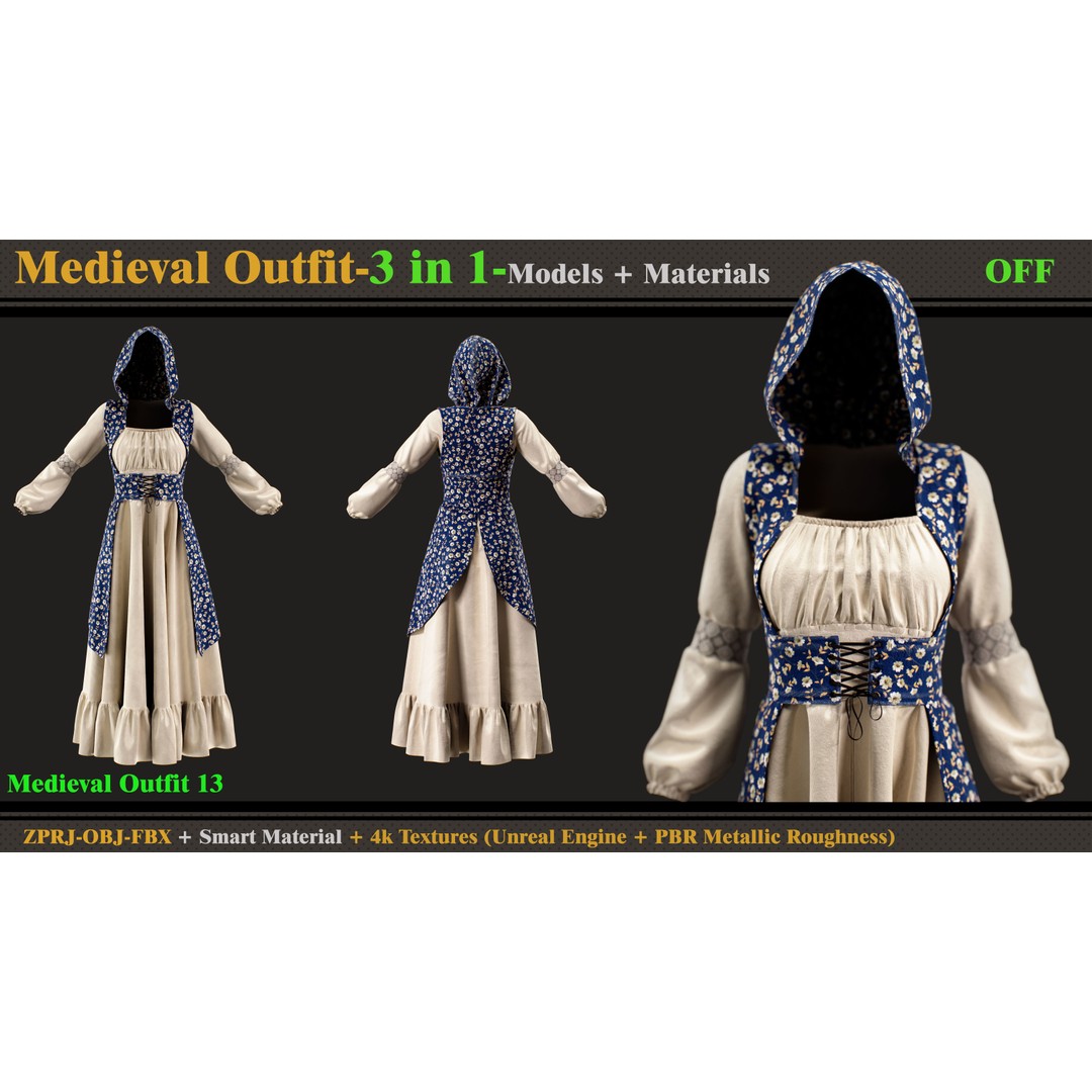 Gothic Dress 3D Model – Medieval Outfit with Textures, FBX, OBJ - View 6