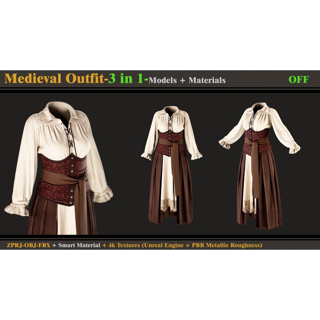 Gothic Dress 3D Model – Medieval Outfit with Textures, FBX, OBJ - View 7