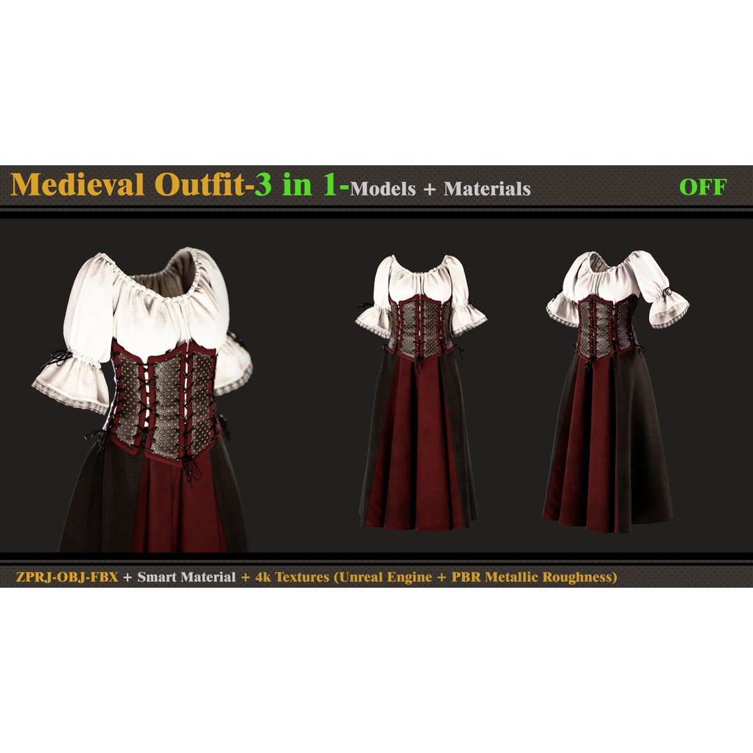 Gothic Dress 3D Model – Medieval Outfit with Textures, FBX, OBJ - View 8