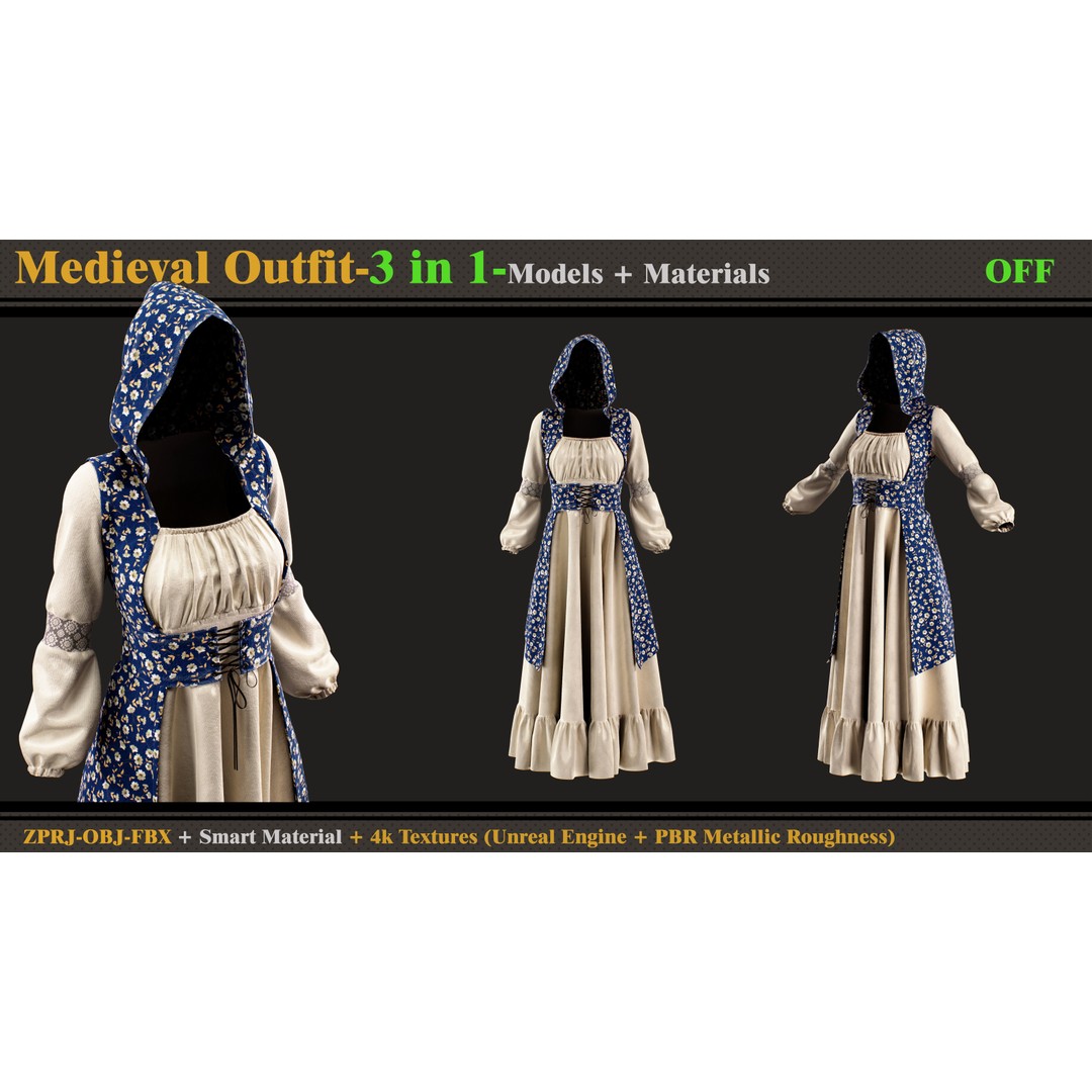 Gothic Dress 3D Model – Medieval Outfit with Textures, FBX, OBJ - View 9