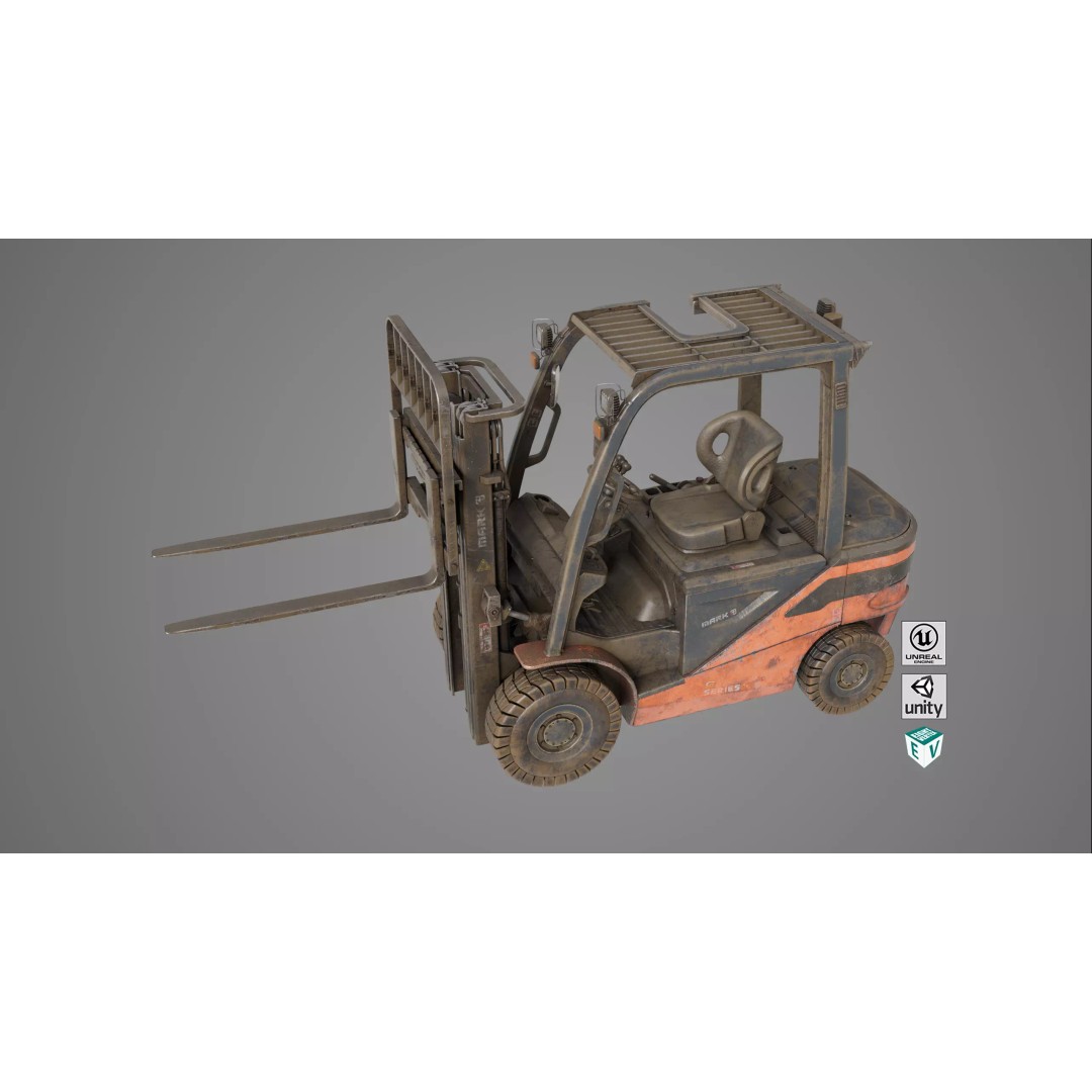 Dusty Forklift Truck 3D Model – Low Poly Game Asset, PBR Textures, Rigged - View 2