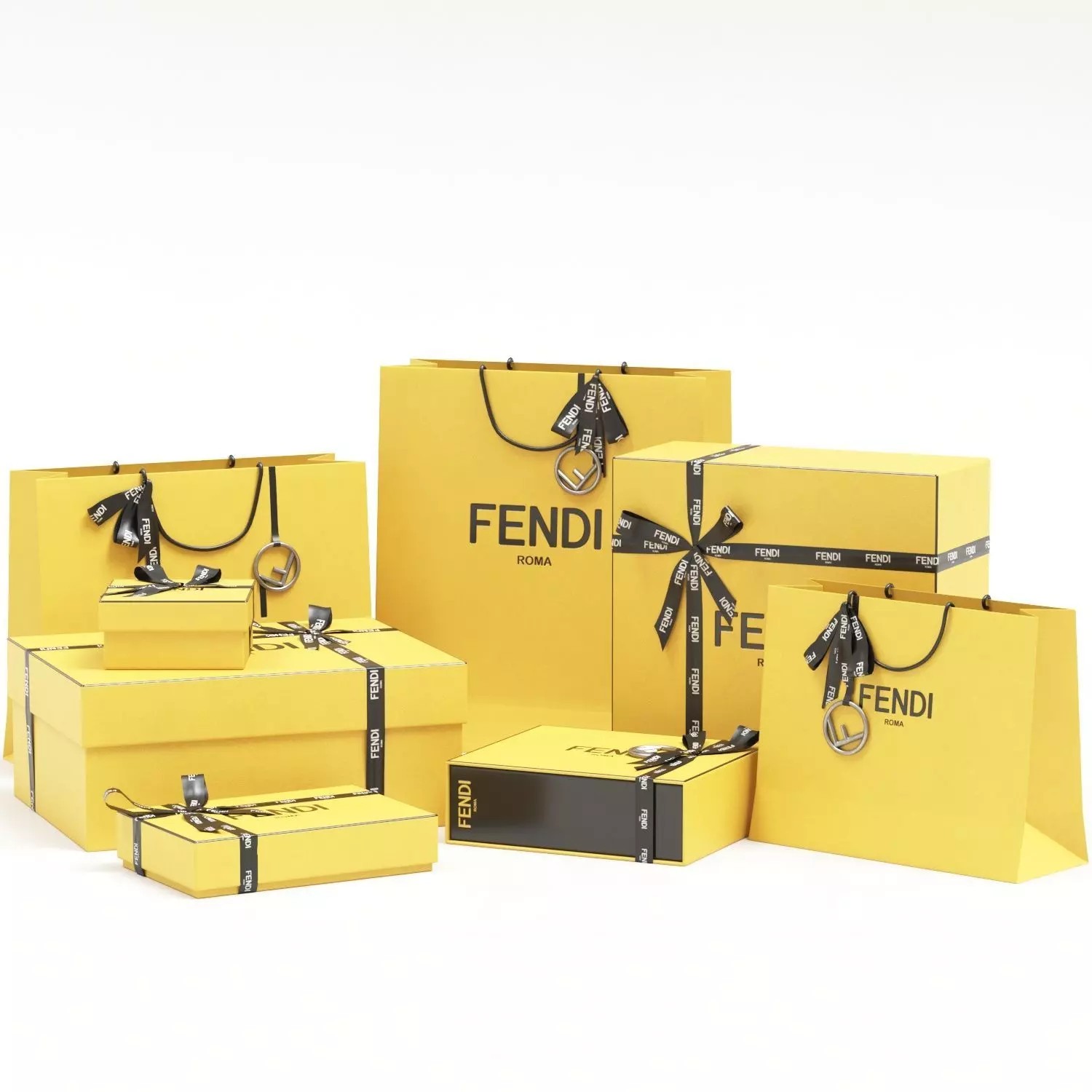 Fendi Luxury Packaging Boxes and Paper Bags - Low-Poly 3D Model - View 2