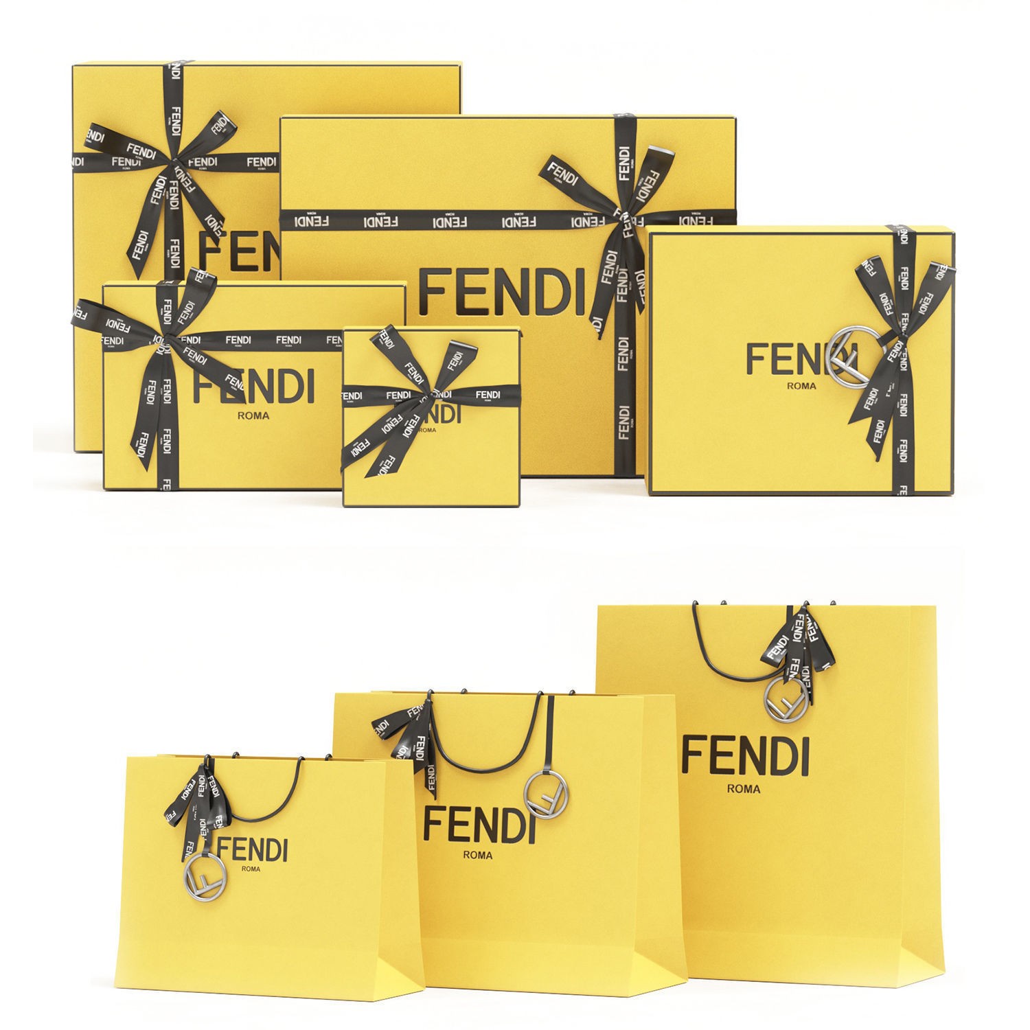 Fendi Luxury Packaging Boxes and Paper Bags - Low-Poly 3D Model - View 3