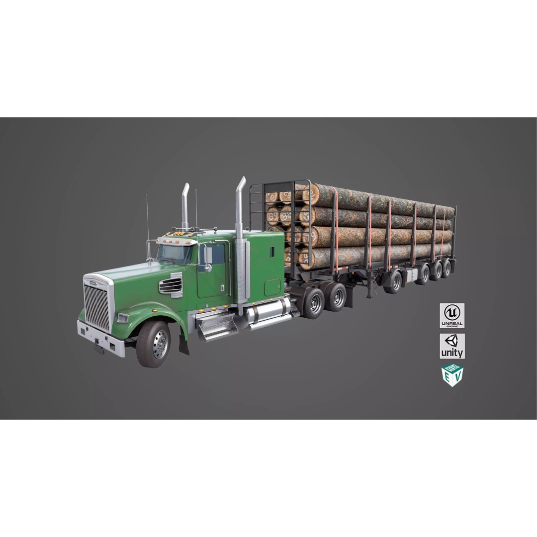 Truck 07 Log Trailer 3D Model – Rigged Low-Poly PBR Asset, FBX - View 2