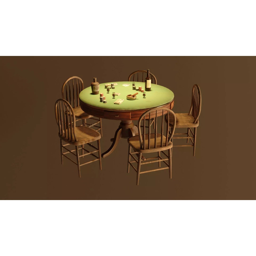 Western Poker Table 3D Model – Low Poly Game Asset, FBX, PBR Textures - View 2