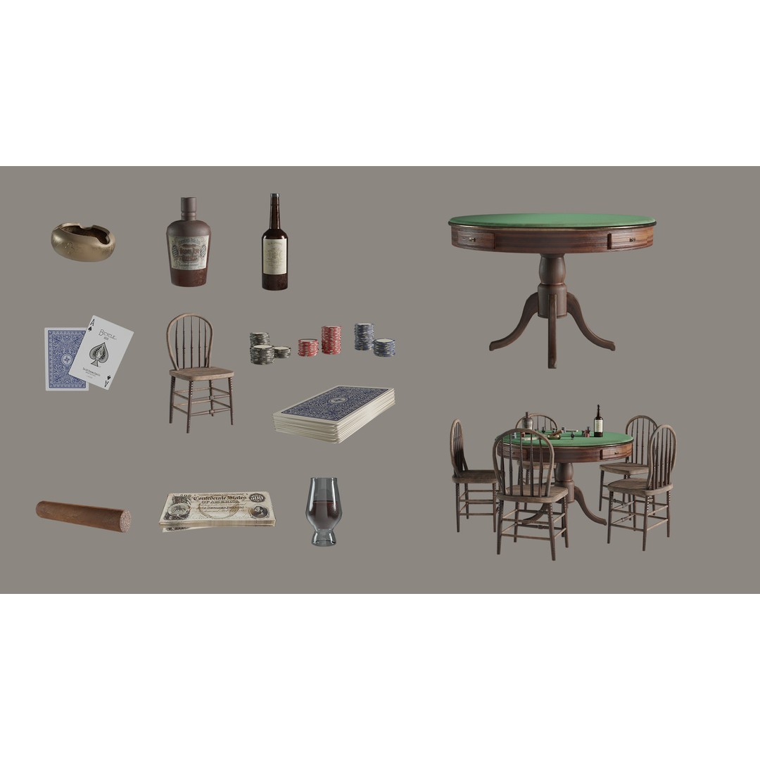 Western Poker Table 3D Model – Low Poly Game Asset, FBX, PBR Textures - View 3