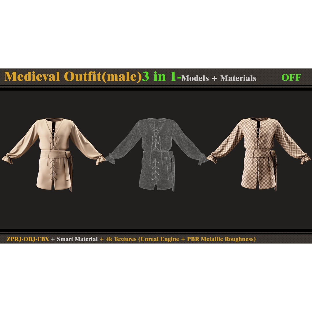 Medieval Outfit 3D Model – Male Costume with PBR Textures, FBX & OBJ