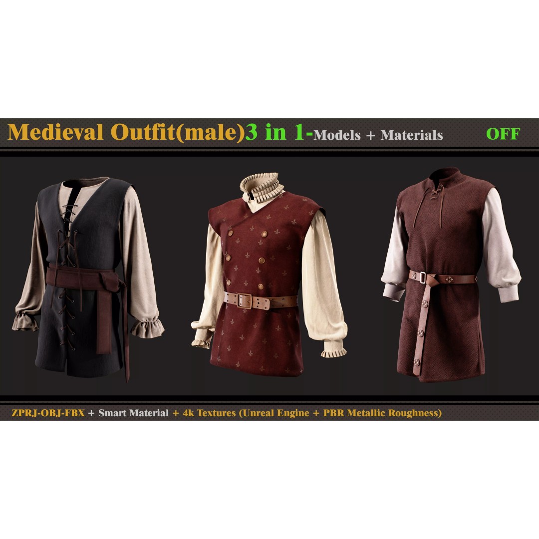 Medieval Outfit 3D Model – Male Costume with PBR Textures, FBX & OBJ - View 2