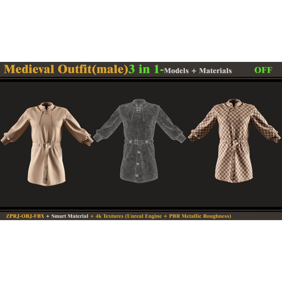 Medieval Outfit 3D Model – Male Costume with PBR Textures, FBX & OBJ - View 3