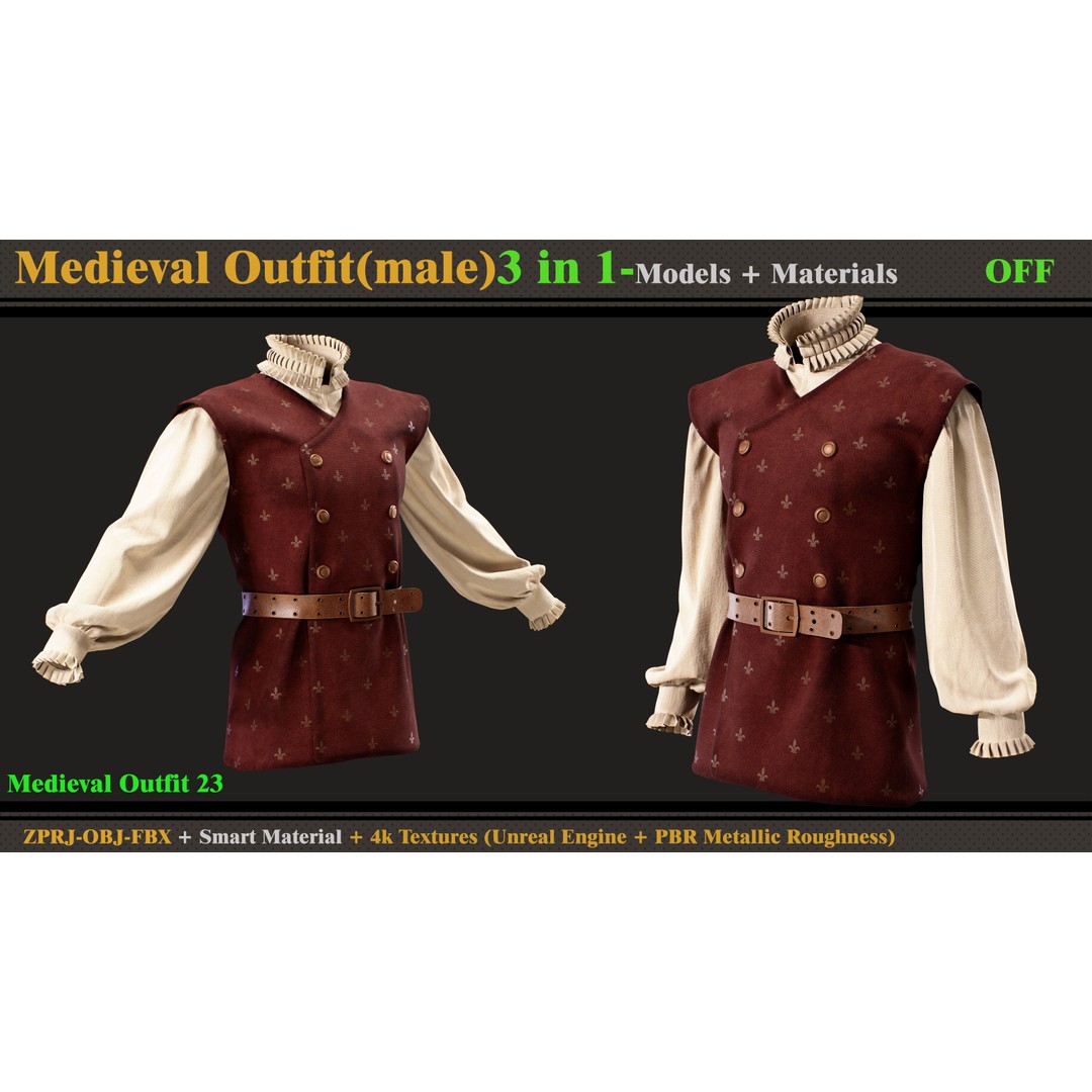 Medieval Outfit 3D Model – Male Costume with PBR Textures, FBX & OBJ - View 4