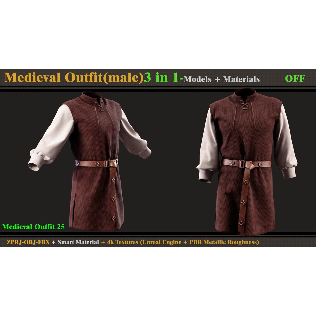Medieval Outfit 3D Model – Male Costume with PBR Textures, FBX & OBJ - View 6