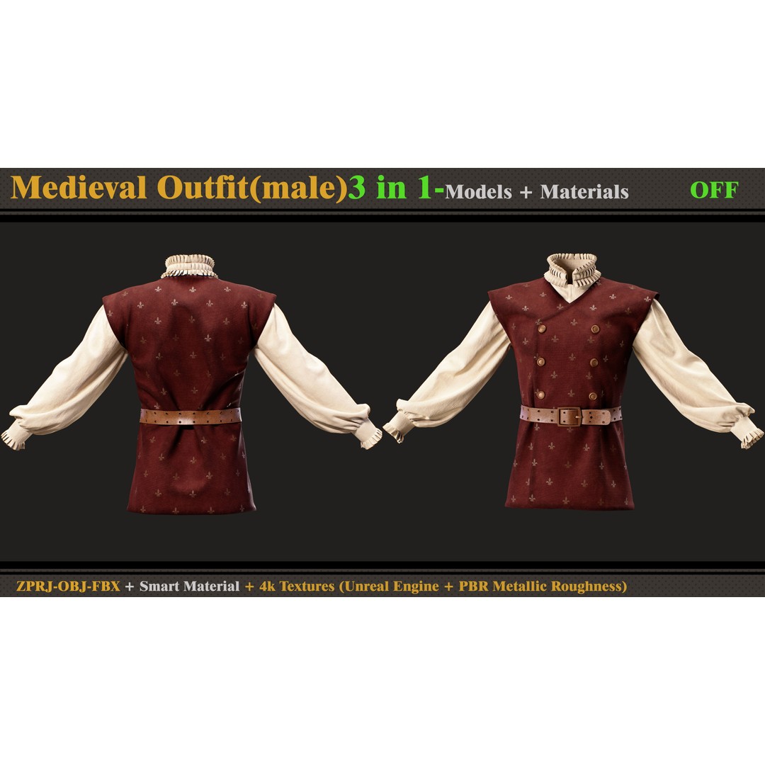 Medieval Outfit 3D Model – Male Costume with PBR Textures, FBX & OBJ - View 7