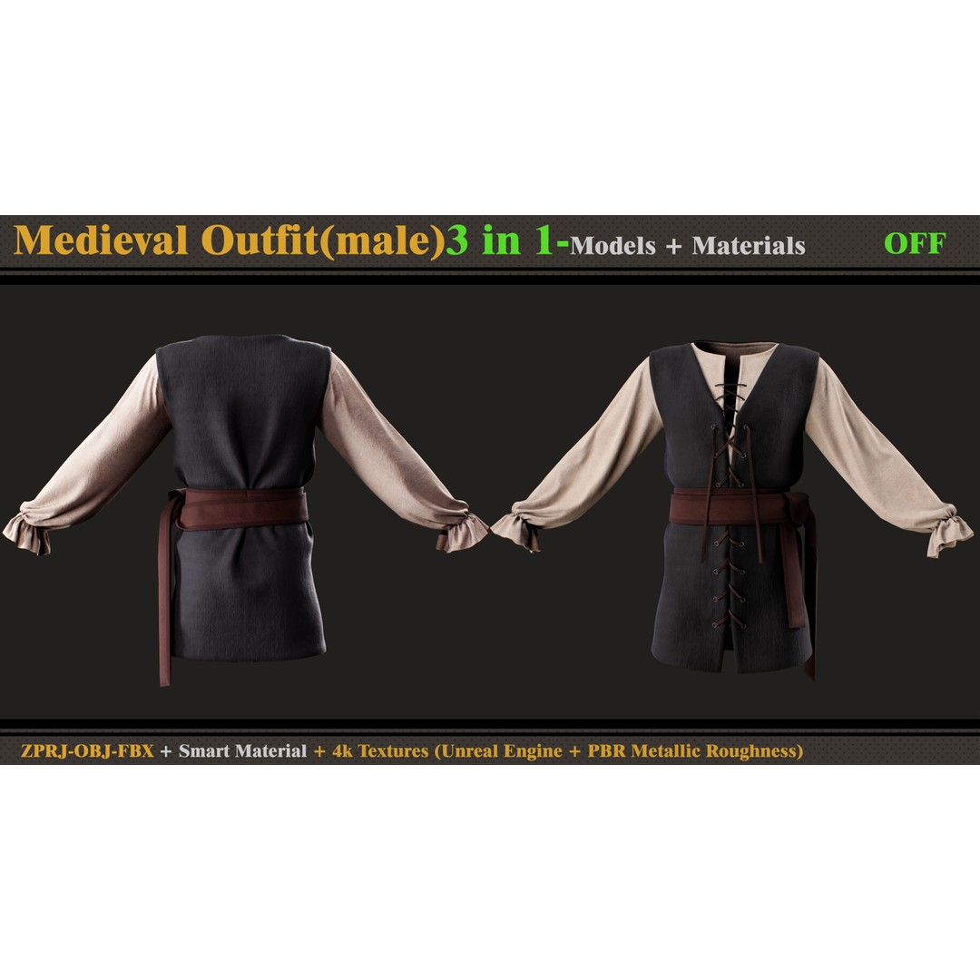 Medieval Outfit 3D Model – Male Costume with PBR Textures, FBX & OBJ - View 8