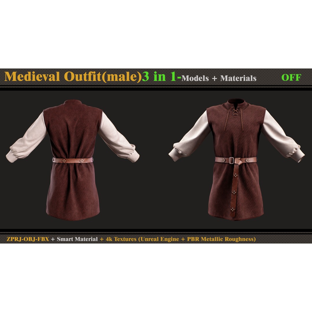 Medieval Outfit 3D Model – Male Costume with PBR Textures, FBX & OBJ - View 9