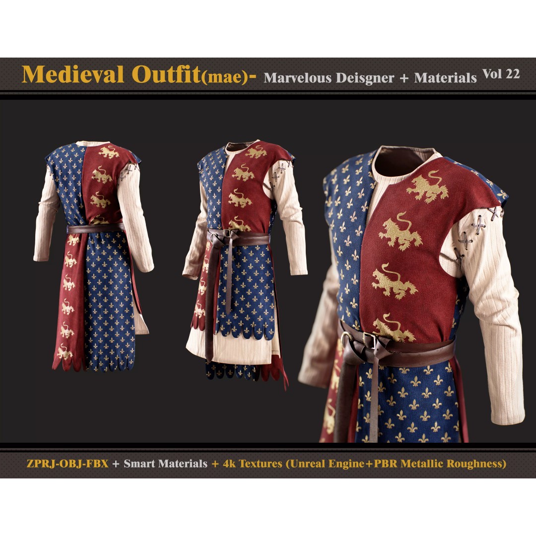 Medieval Outfit 3D Model – Male Costume with PBR Textures, FBX, OBJ - View 2