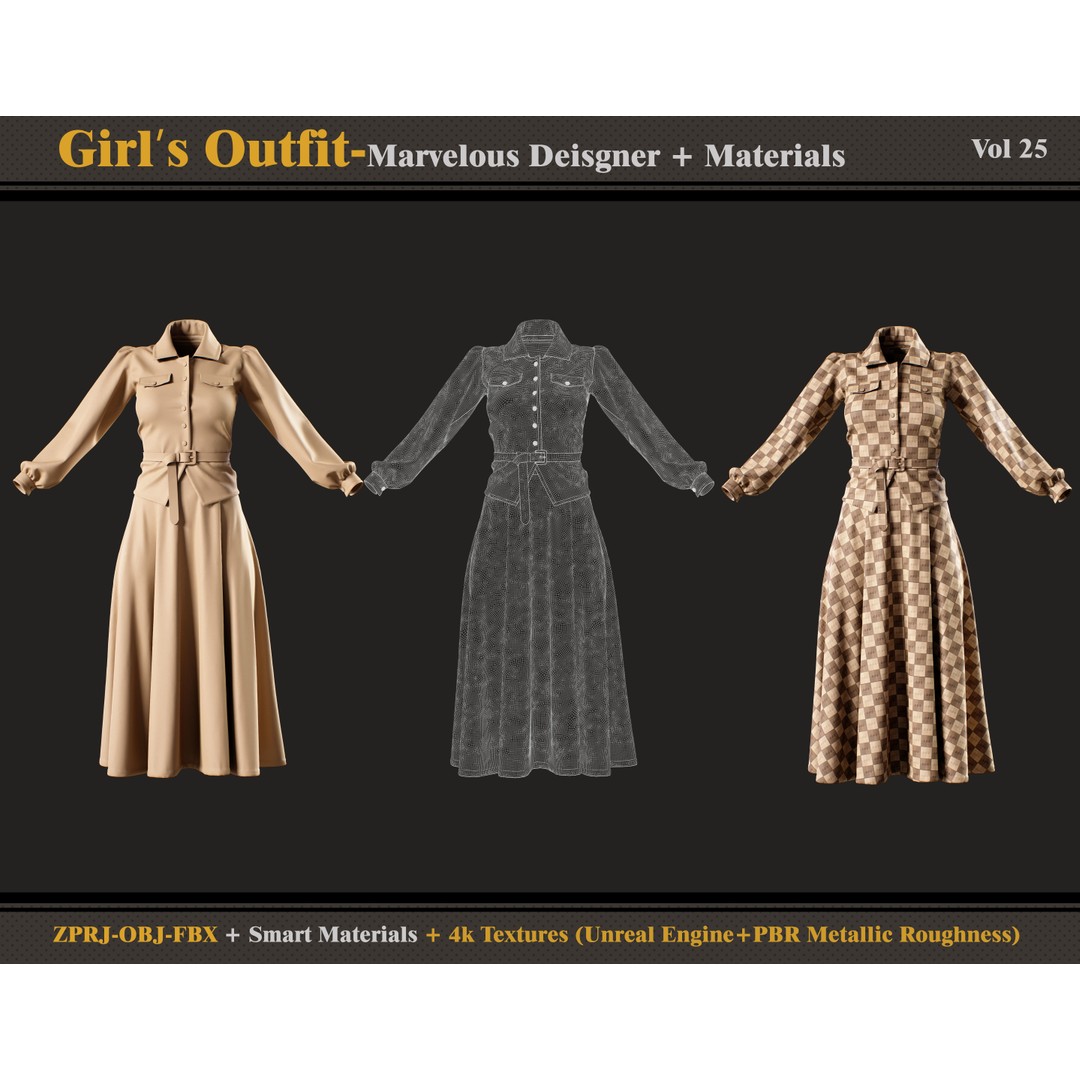 Girls Outfit 3D Model – Vintage Clothing Set with Textures, FBX & OBJ