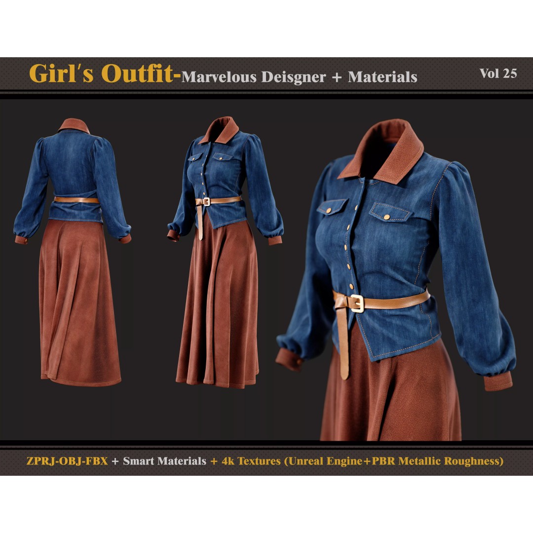 Girls Outfit 3D Model – Vintage Clothing Set with Textures, FBX & OBJ - View 2