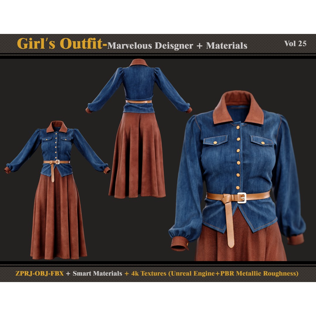 Girls Outfit 3D Model – Vintage Clothing Set with Textures, FBX & OBJ - View 3