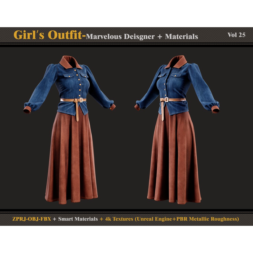 Girls Outfit 3D Model – Vintage Clothing Set with Textures, FBX & OBJ - View 4
