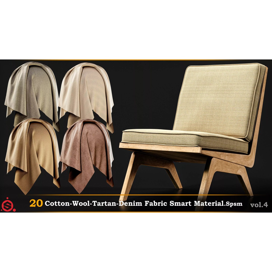 Cotton, Wool, Tartan & Denim Fabric Smart Materials 3D Model – PBR Textures, SPSM - View 2